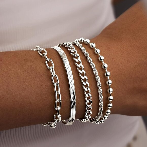 Silver-Dainty Stack Cuban Beaded Paperclip Bracelets Jewelry Gifts for Women - Picture 2 of 7